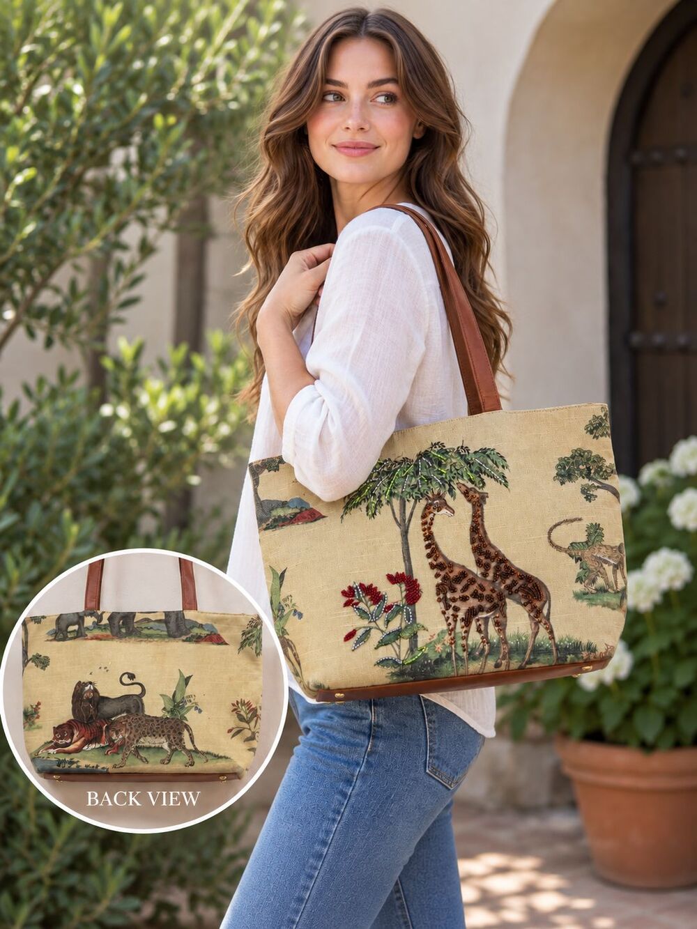 Rob Ference Los Angeles Beaded Giraffe Safari Tote Bag Wild Animals Leather Trim